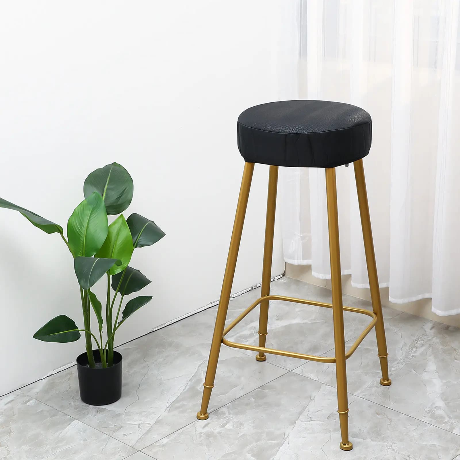 Black Round Stool Cover Made of Cotton Polyester Fiber with Elastic Sponge Stretch Comfortable Slip Resistant for Dining
