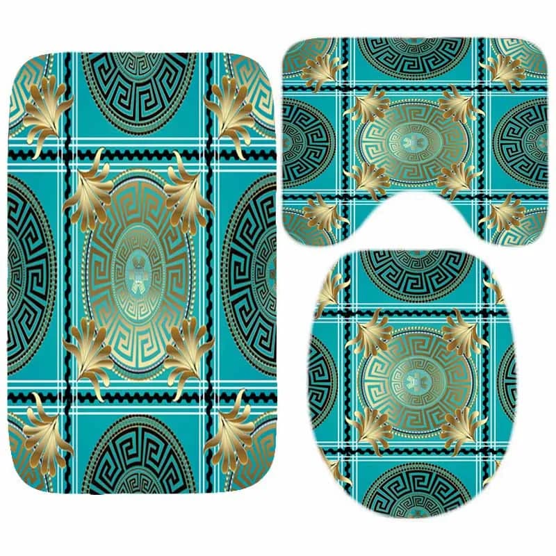 Set di tappetini da bagno 3D di lusso turchese blu oro chiave greca Meander per WC decorazione per vasca da bagno tappeto da bagno geometrico floreale
