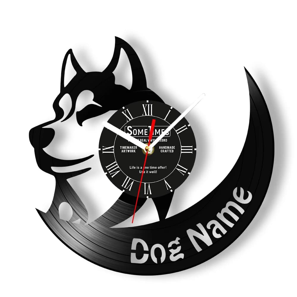 Customized Name for Dogs Husky Wall Clock with Custom Vinyl Disk Pet Puppy Name Huskie Long Wall Clock with Laser Cutting Gift for Dog Lovers