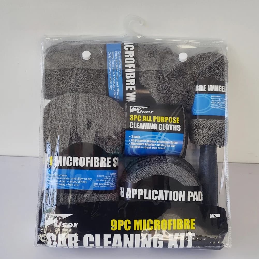 Set di 9 Strumenti per Lavaggio Auto 20x12x5.5cm, Kit in Microfibra con Guanto, Asciugamano, Spugna per Cera, Spazzola per Ruote, Accessori Auto