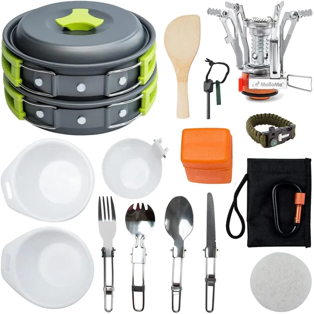 Camping Kitchen Set 18 Pieces with Hiking Stove, Pots and Panels for Camping Equipment