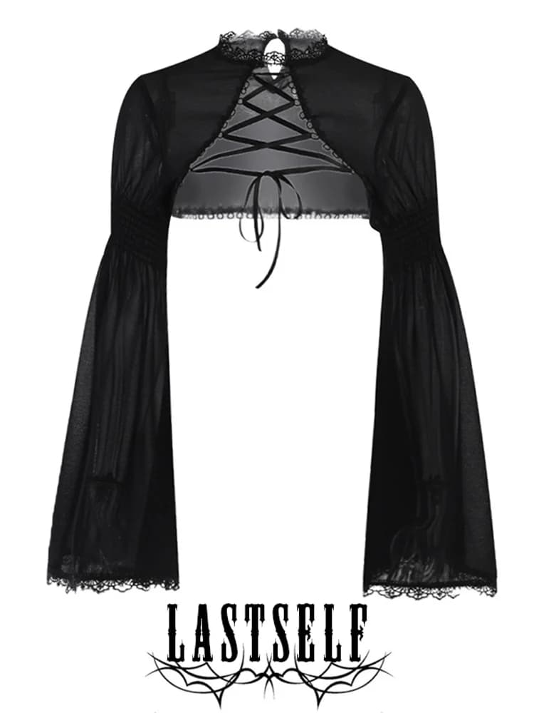 Lastself Dark Style Lace Patchwork Belted Shirt Women's Elegant Short Top Street Style Loose Fit Long Sleeve Color