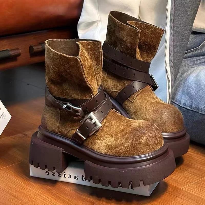 Women's Platform Boots Stylist with Belt Clasp Women's Casual Boots Suede Western Cowboy Boots with Big Head Botas Mujer
