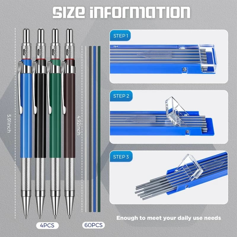 DTA6 Mechanical Pencil Set 4Pcs Metal for Marker Pen with 60 Refills, Draftinfor g Pencil for Construction Workers Welders