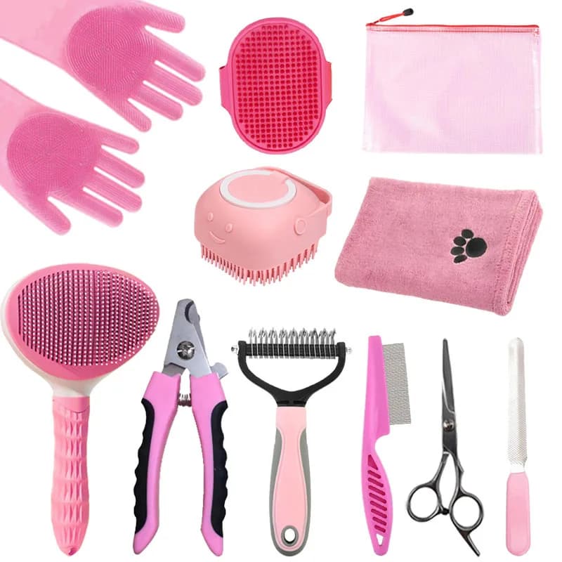 Set da toelettatura rosa da 11 pezzi, comprensivo di guanti per la rimozione del pelo, spazzole, forbici e un asciugamano - Perfetto per i servizi di toelettatura degli animali domestici
