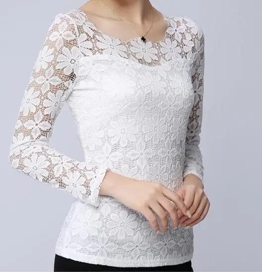 Camicetta da donna Sexy cava camicie di pizzo a maniche lunghe Plus Size blusas femininas elegante camicetta di pizzo 5XL