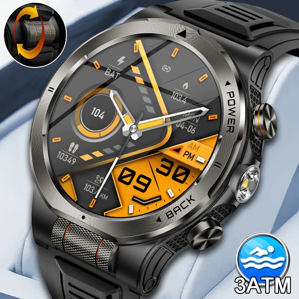 1100mAh Battery Military Smart Watch AMOLE Men Outdoor Compass LED 3ATM Waterproof Heart Rate Voice Call Sports Smartwatch