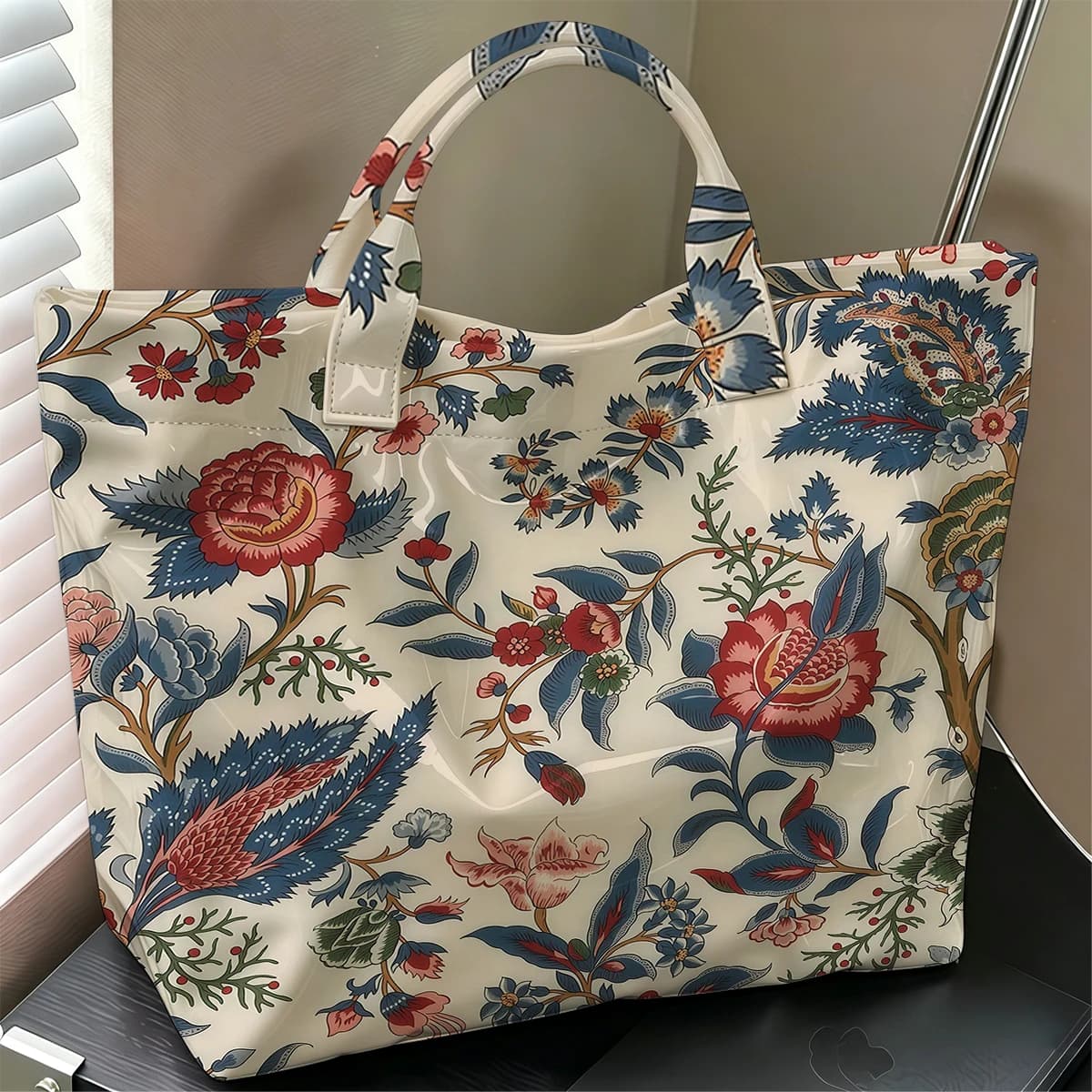 English Chintz Floral Stylish Large Glossy PVC Tote Bag Washable Waterproof Durable Ideal for Travel Commute Cosmetics Handbags