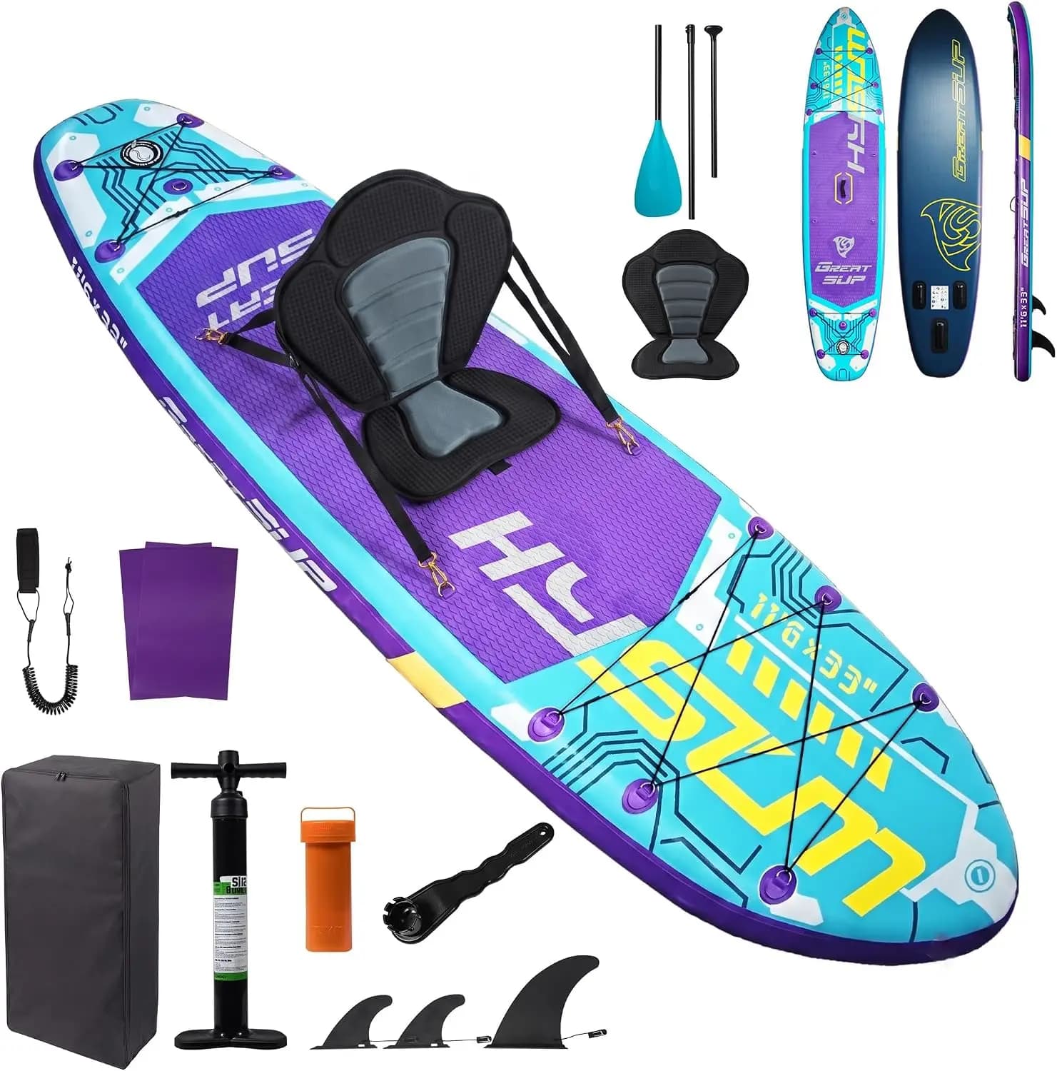 11'6" Inflatable Stand Up Paddle Board with Kayak Seat, 485 lbs Max Weight Capacity Heavy Duty ISUP for Adults, 33" Extra Wide B