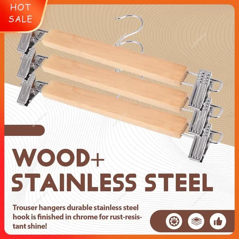 Confezione da 10 grucce per gonne in legno con clip regolabili Appendiabiti antiscivolo Finitura naturale Grucce per pantaloni in legno di loto 360 ° A62X