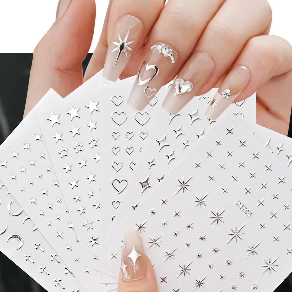 6 sheets stickers metal silver metallic 3D star stickers for nail art decals stickers for nail art metal chain heart