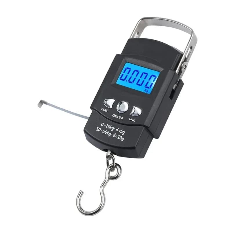 Bilancia Elettronica Portatile da Appendere 50kg 10g con Display LCD e Metro a Nastro da 100cm per Viaggi, Pesca, Bagagli e Valigie
