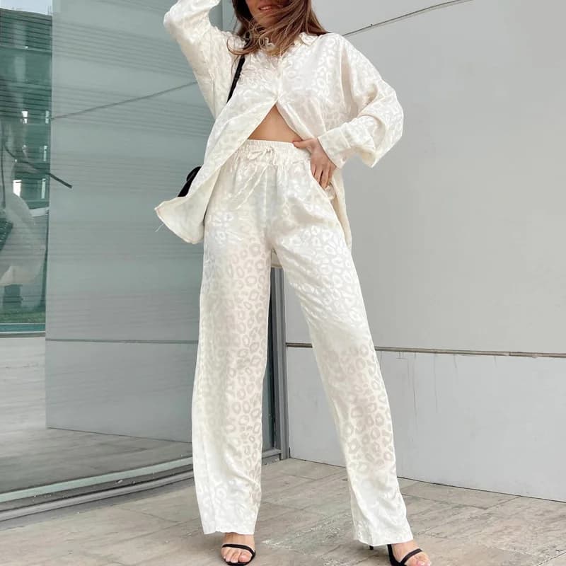 New in Spring Autumn Women's Pajamas Sets Satin Office Leopard Print Two-piece Set Home Tracksuit Wide Leg Pants Suit for Women