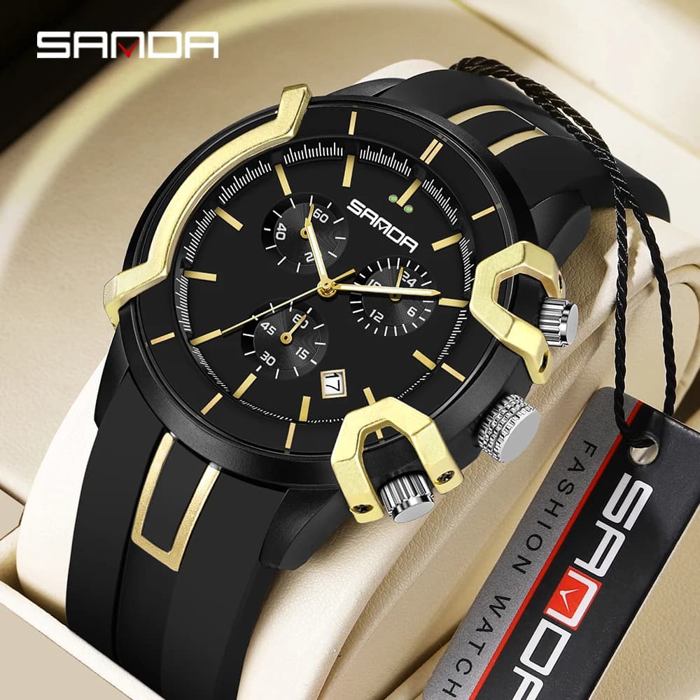 SANDA Brand New 9017 Orologio al quarzo da uomo con calendario impermeabile multifunzionale a tre occhi e sei pin da uomo alla moda 2025