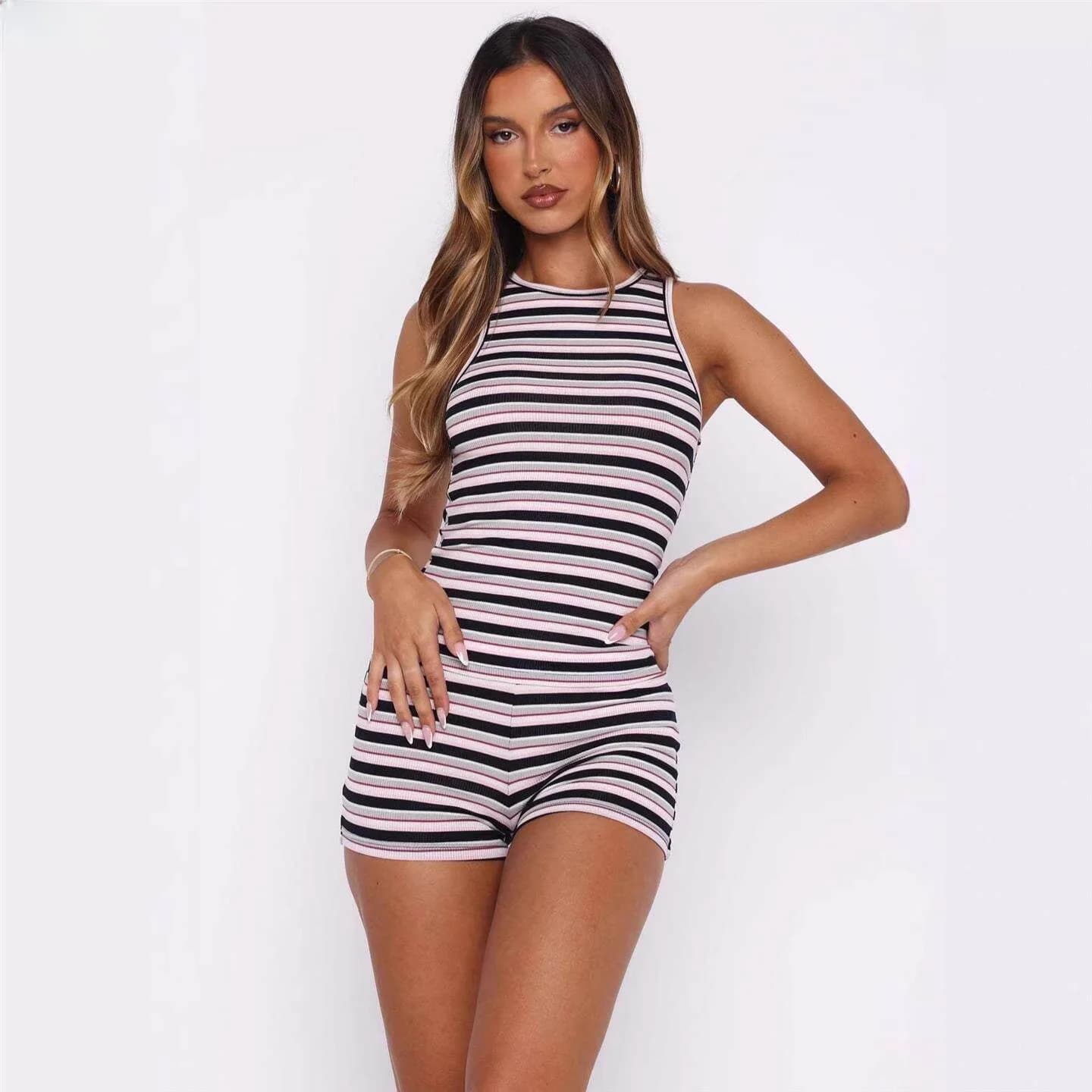 Slim Fit Striped Vest And Shorts Set for Women Elastic Casual Fashion Ensemble Linj 2026 Autumn Collection