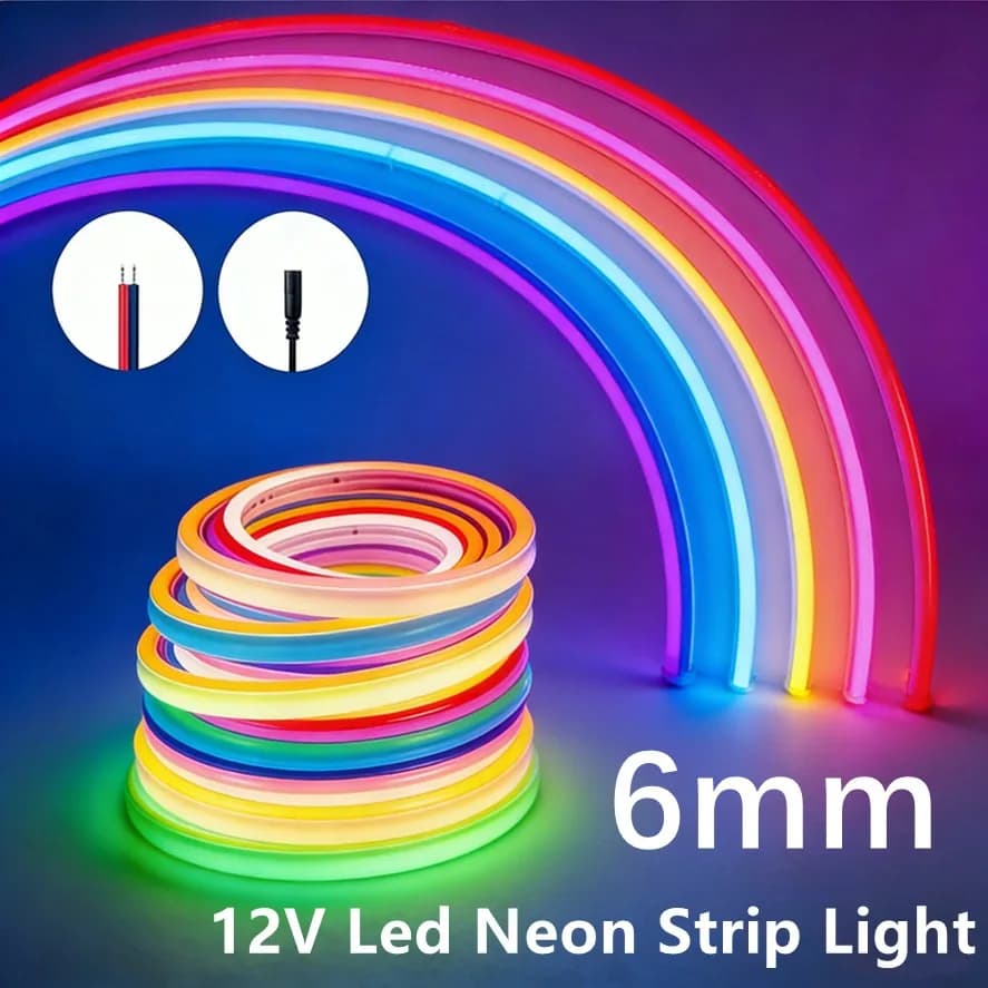 Striscia LED Neon 12V con Cavo/Spina DC, Luce a Corda Flessibile Stretta 6mm, Tubo in Silicone Impermeabile, Barra Luminosa Fai-da-te per Insegne, Rosso Verde Blu Giallo