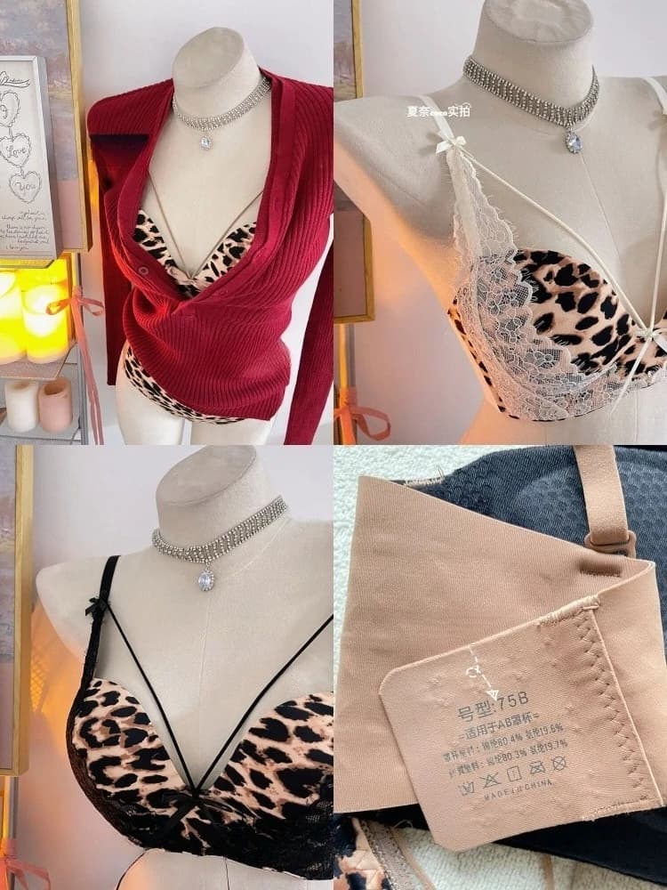 Completo Intimo Sexy Leopardato Spice Girls con Scollo a V Profondo, Reggiseno Push-up per Seno Piccolo che Valorizza e Valorizza il Volume, Puro Desiderio, Anti-cedimento