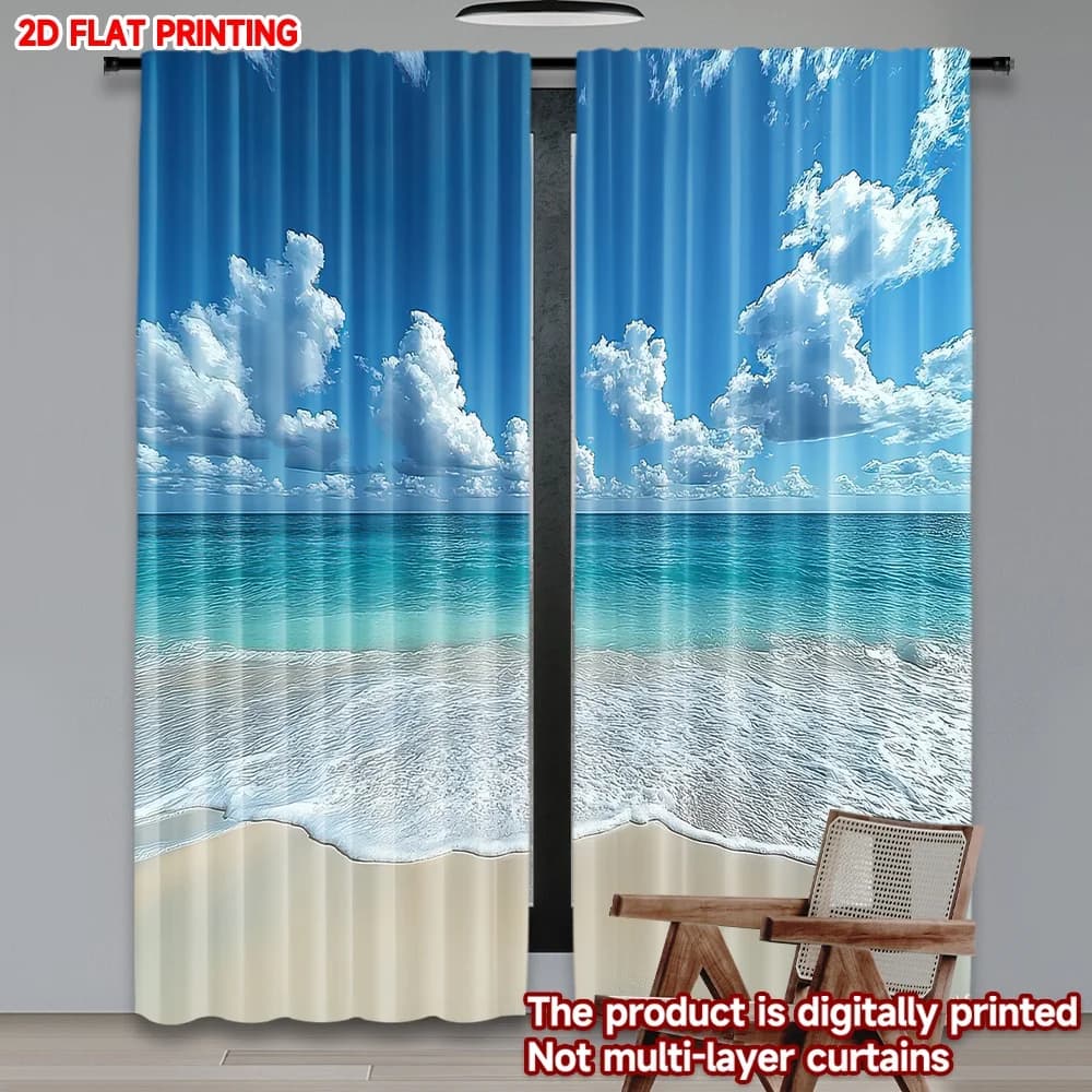 Stampa piatta 2D 2 pezzi Tende per feste Cielo blu sull'oceano Tende in poliestere stampate digitali Decorazione per feste in famiglia per foto