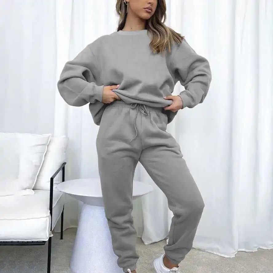 Set Felpa con Cappuccio e Pantaloni Lunghi da Donna, Tinta Unita alla Moda, Collo Rotondo, Maniche Lunghe, Casual, in Poliestere per Autunno e Primavera