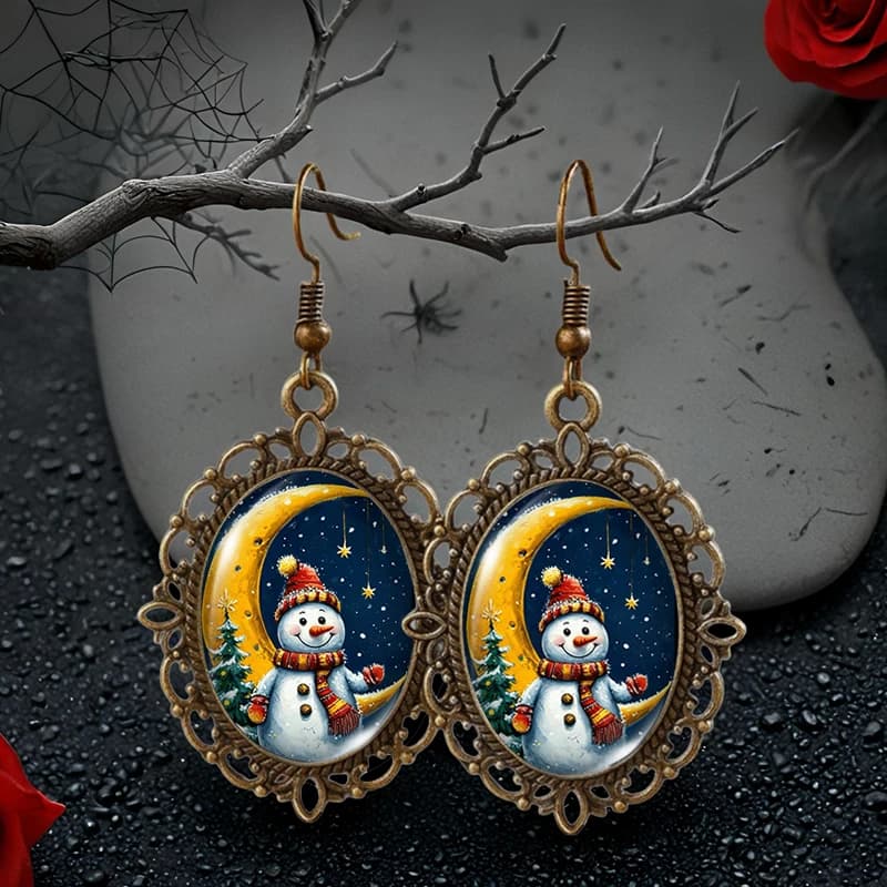 Simpatico pupazzo di neve e credente Immagine Ovale Cabochon in vetro a forma di fiore Orecchini con amo da pesca Regali fatti a mano