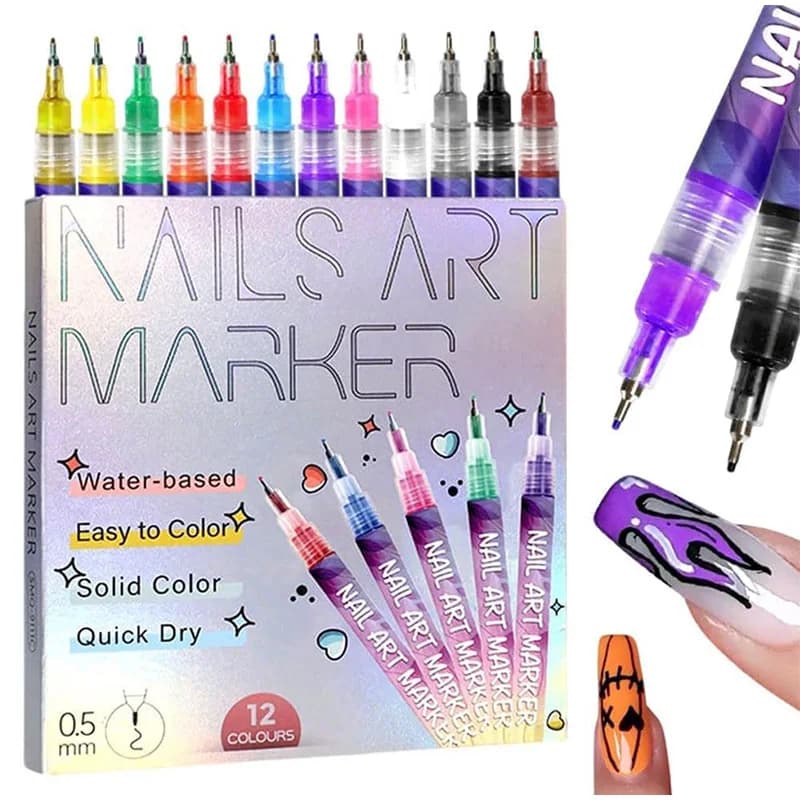Nail Art Graffiti Pen Set Nail Marker Drawing Acrylic Paint Pens Waterproof Nail Painting Manicure Extra 0.5m Fine 12 Colors