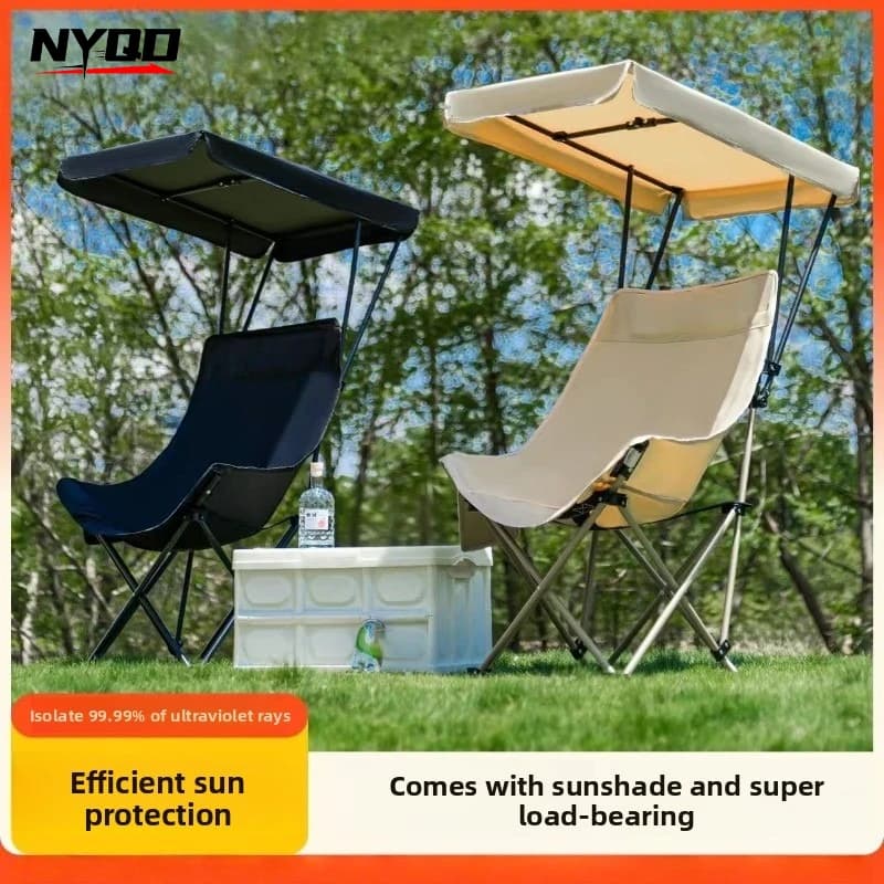 High Back Moon Folding Chair with Detachable Canopy, Oversized Portable Recliner for Camping Beach Fishing, Outdoor Lounge Chair