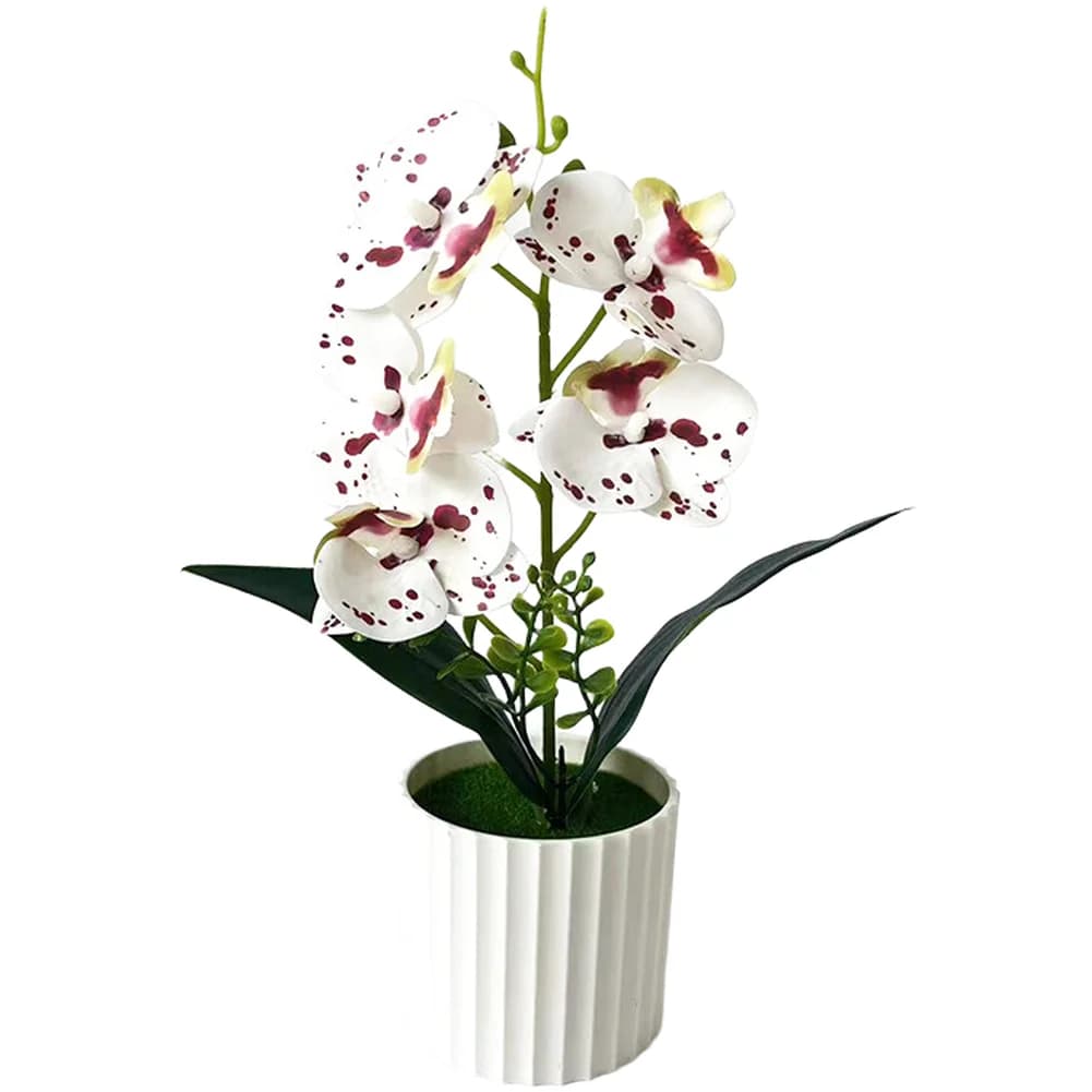 Artificial 5-Bloom Butterfly Orchid Plant in White Striped Pot 31cm Height for Home Office Cafe Interior Decor