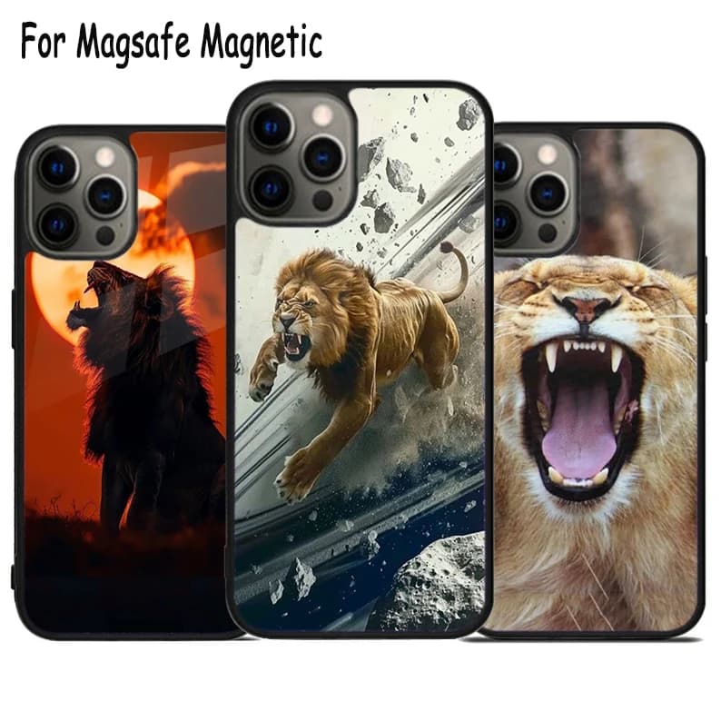 Cover per telefono con ricarica wireless e design Leone Ruggente per iPhone 17 Air 15 16 16e 14 13 11 12 Pro Max Plus, Cover Magnetica Magsafe con Bumper