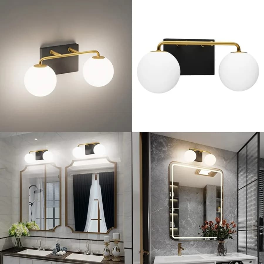 Lampada da Bagno Vintage Stile Mid-Century a 2 Luci, Illuminazione Sopra Specchio, Lampada Industriale con Globo in Vetro Bianco Latte