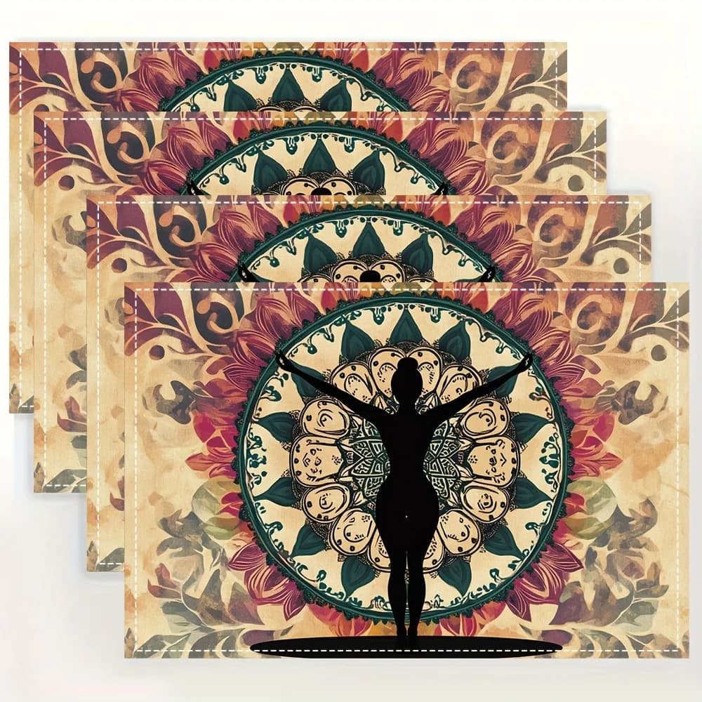 Set di 4 Tovagliette Yoga Mandala con Motivi Tribali, Stampa Marrone Rosso Verde, Lavabili in Poliestere, per Sala da Pranzo, Cucina e Arredamento Casa