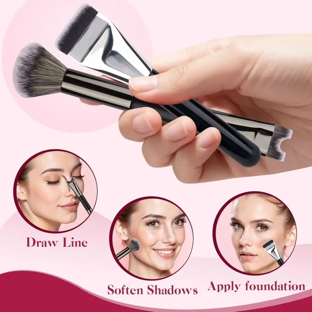 Set di Pennelli 2-in-1 per Contorno Naso, Pennello a U e Morbido per Blush, Illuminante e Modellamento del Naso, Pennello Piatto per Fondotinta e Trucco Viso