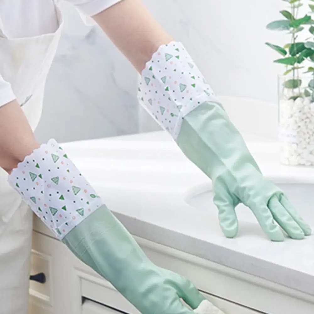 Guanti per lavare i piatti in lattice di gomma Polsini elastici Guanti per la pulizia invernali impermeabili Guanti per lavori domestici a maniche lunghe in velluto da cucina