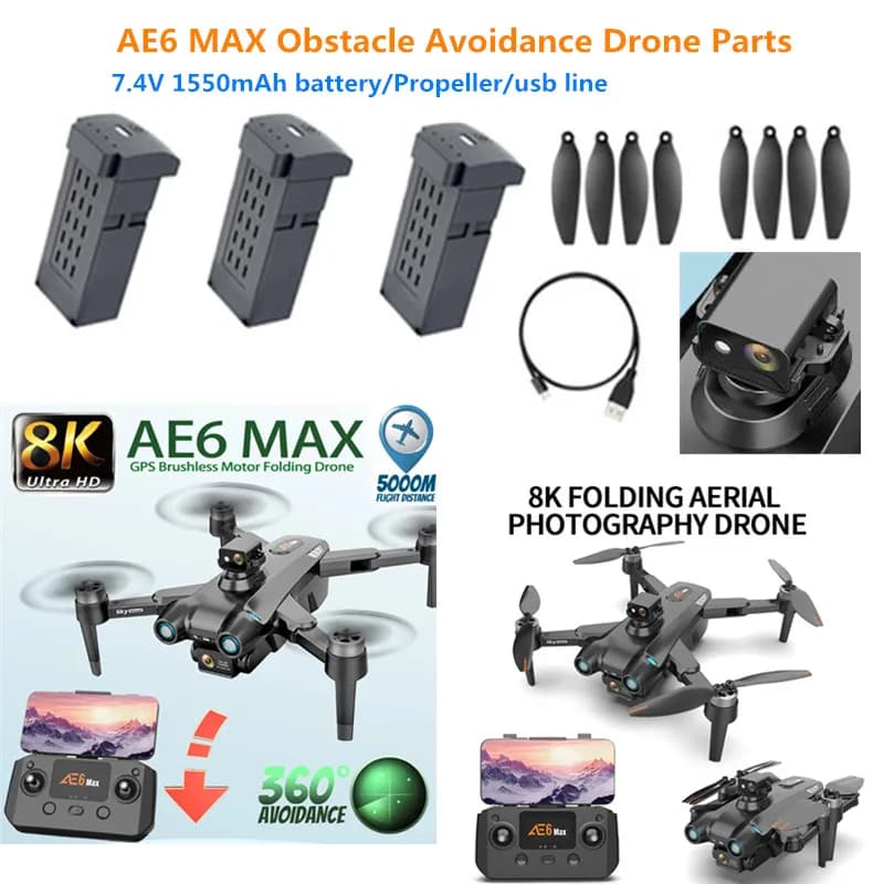 Batteria per Drone RC AE6 PRO MAX con Funzione di Evitamento Ostacoli, 7.4V 1550mAh, Elica per Accessori Drone RC AE6 PRO GPS, Batteria per Drone AE6 Max