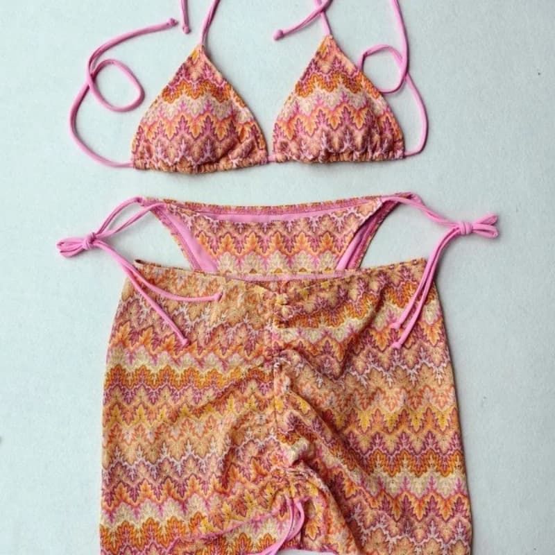 Nuovo Costume da Bagno Estivo da Donna, Set Bikini a 3 Pezzi in Maglia Colorata e Sexy con Copricostume Avvolgente, Costumi Halter per Vacanze al Mare