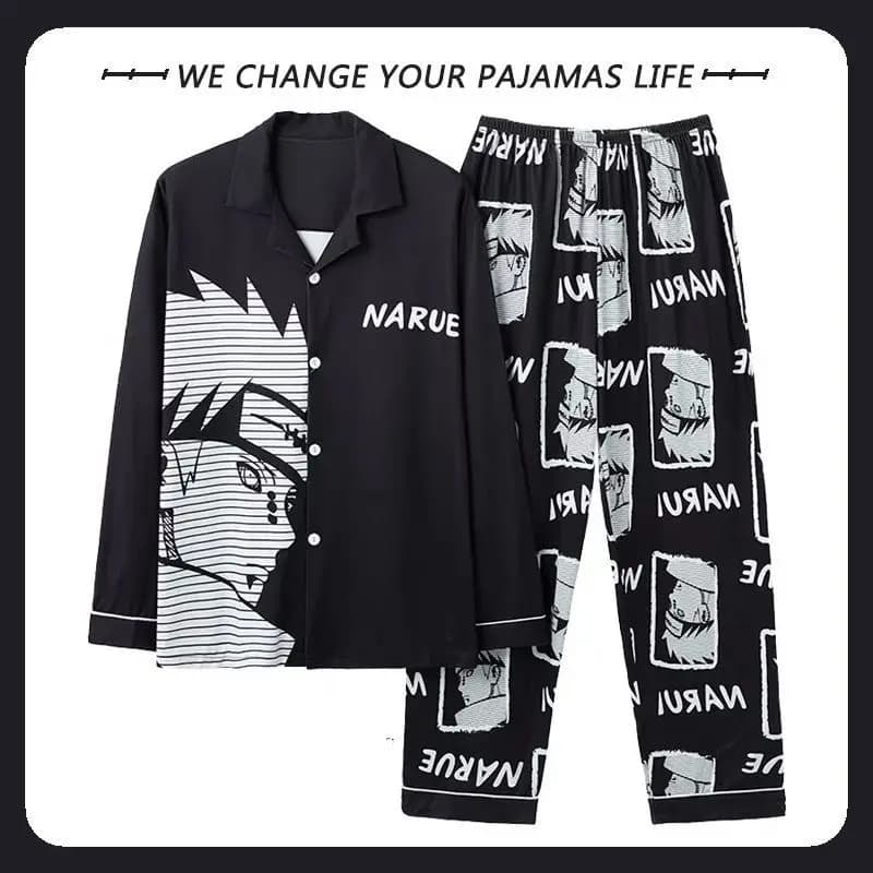 Pigiama Naruto Uzumaki con Stampa Anime, Set a Maniche Lunghe con Colletto, Abbigliamento Casual Morbido per Casa, Indumenti da Notte per Uomo, Vestiti Quotidiani Anime