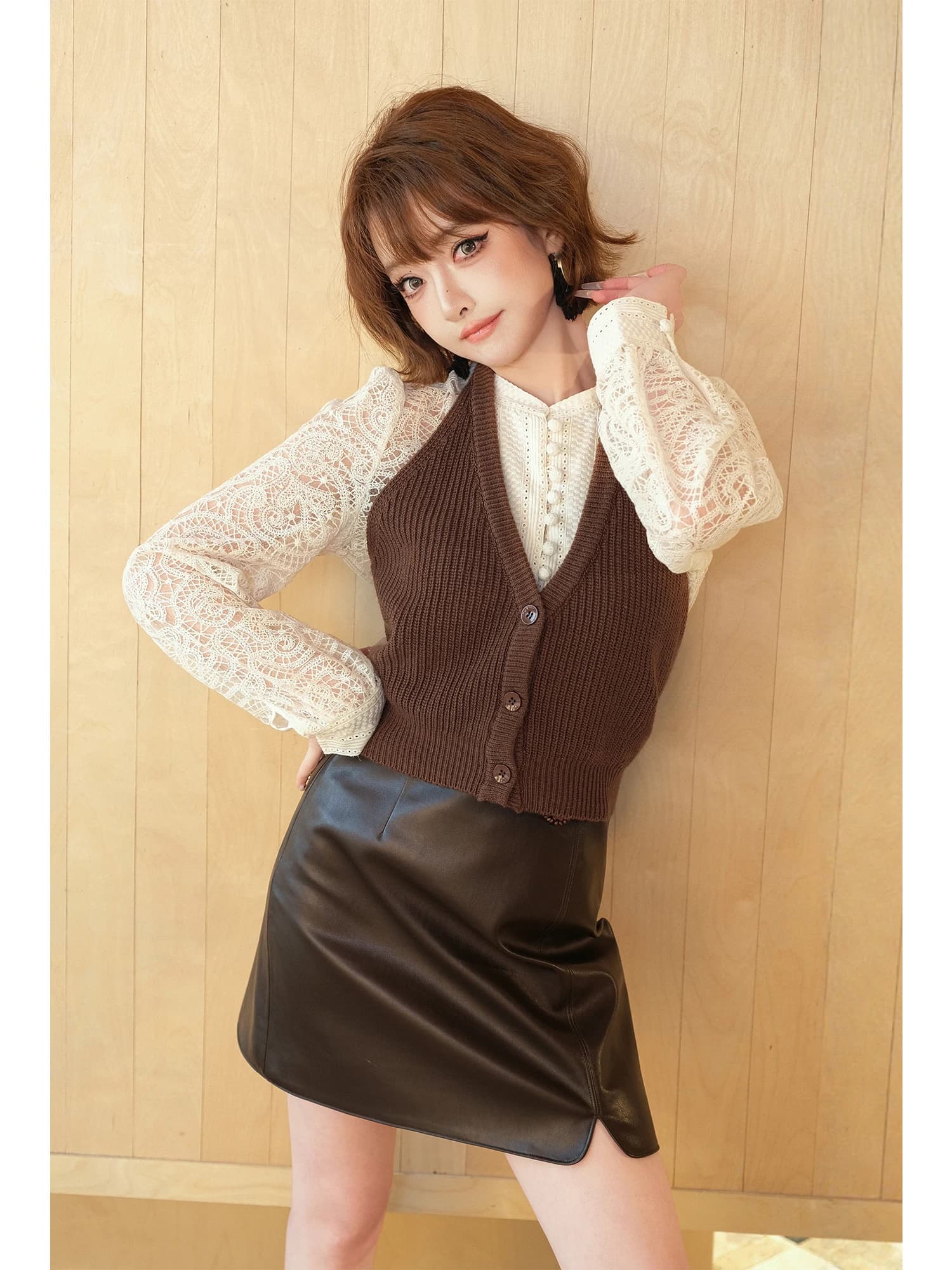 MIUCO Lace Knitted Sweet Inner Shirt Two-Piece Set Neck Hanging Vest Breathable French Style Long Sleeve V-Neck Button Closure