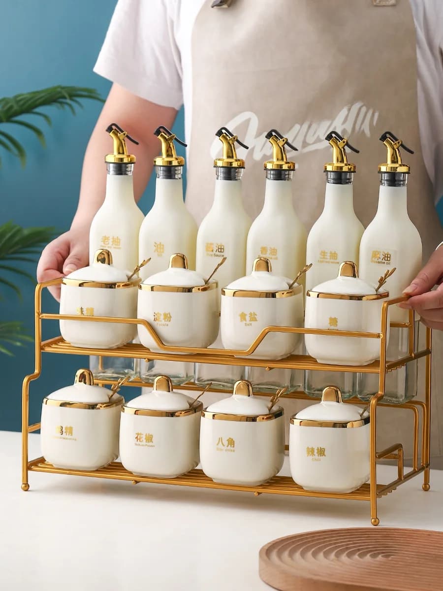 Set di Contenitori in Ceramica di Lusso per Cucina, Porta Olio Sale Aceto e Salse, Uso Domestico, Forma Quadrata, Contenitore per Spezie