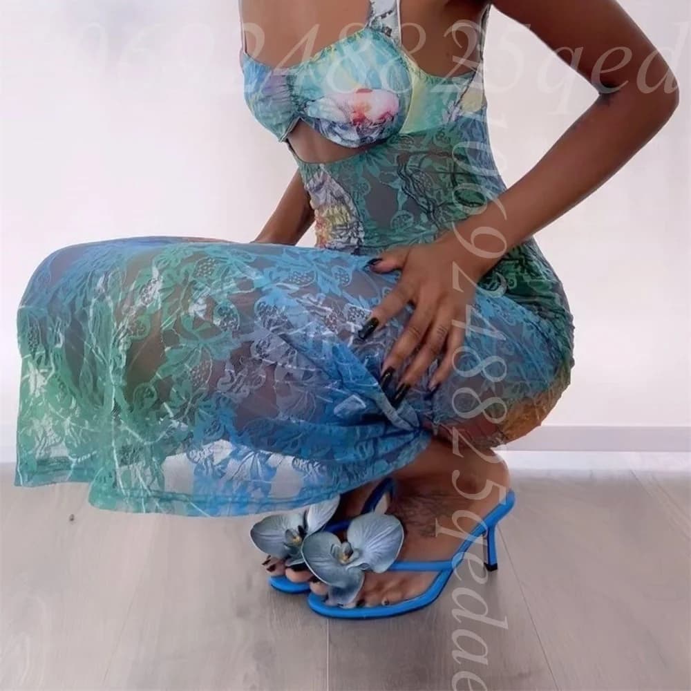 Sandali da donna blu con punta aperta, decorazione con finto fiore di orchidea, tacco a spillo sottile, stile ciabatta facile da indossare