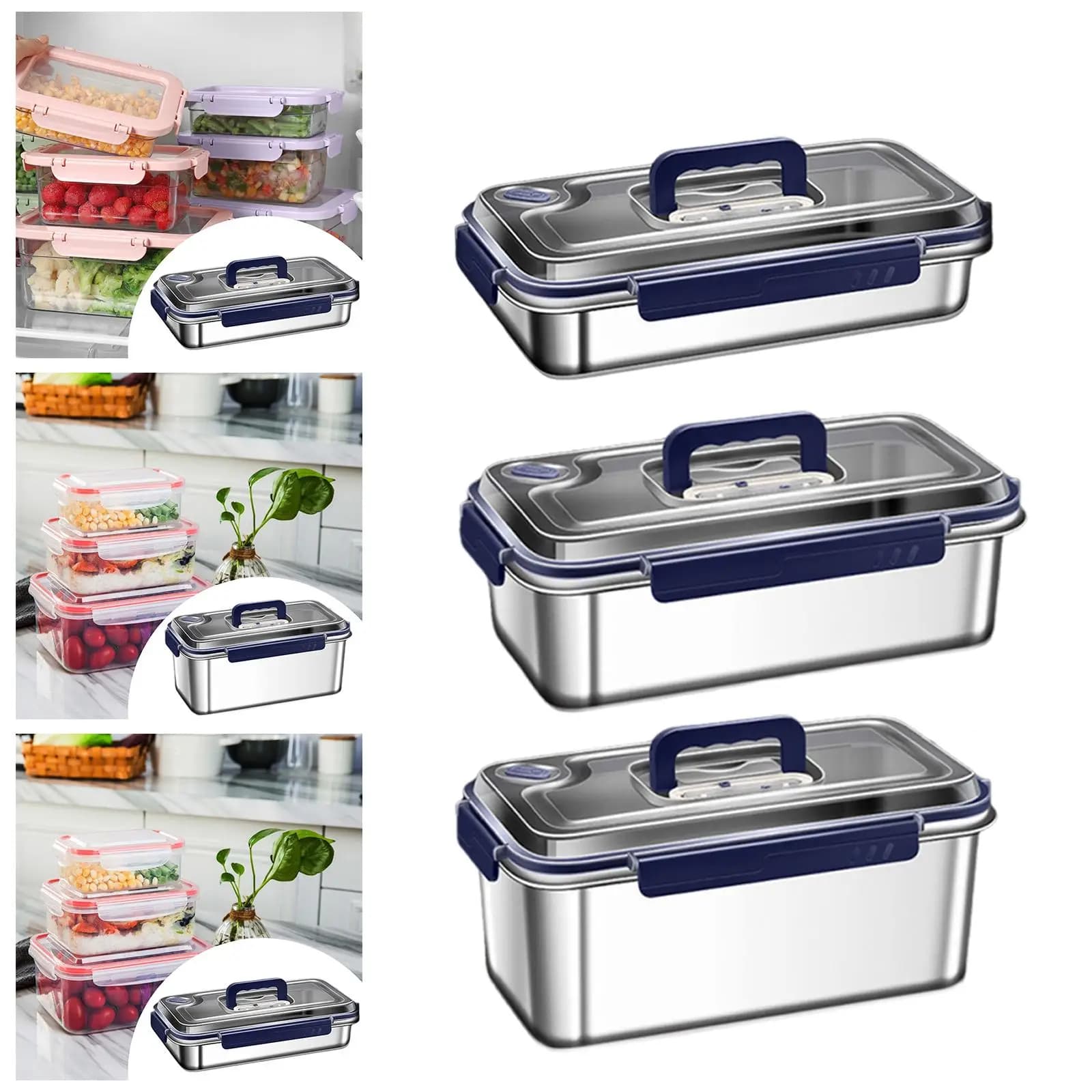 Contenitore per Pranzo in Acciaio Inox Rettangolare Impilabile con Coperchio per Cucina, Scuola e Viaggi