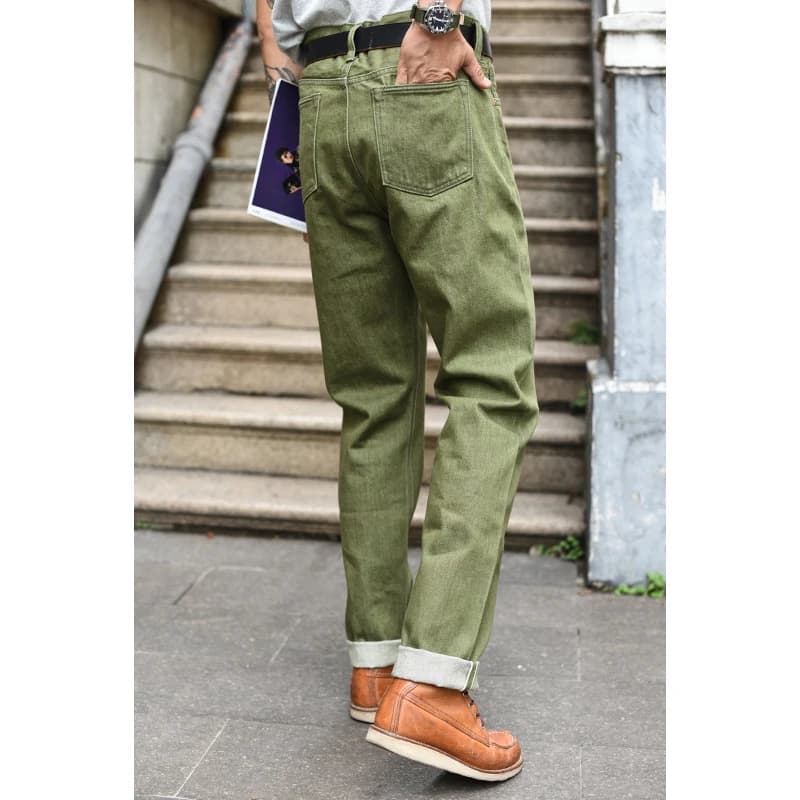 Saucezhan Jeans da uomo Vulcanizzazione Verde oliva 107 Jeans in denim con cimosa da uomo lavati Slim Fit 14 Oz Zipper Fly