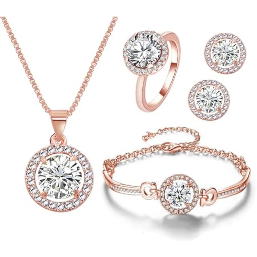 Set di Gioielli da Donna in 4 Pezzi con Zirconia Cubica, Collana, Orecchini, Bracciale e Anello con Strass