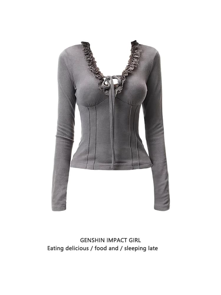 Top in Velluto da Donna Pure Desire con Scollo a V e Pizzo, Maniche Lunghe, Nuovo Modello Autunno Inverno, Effetto Snellente, Sexy, Stile Spicy Girl, con Cintura in Vita