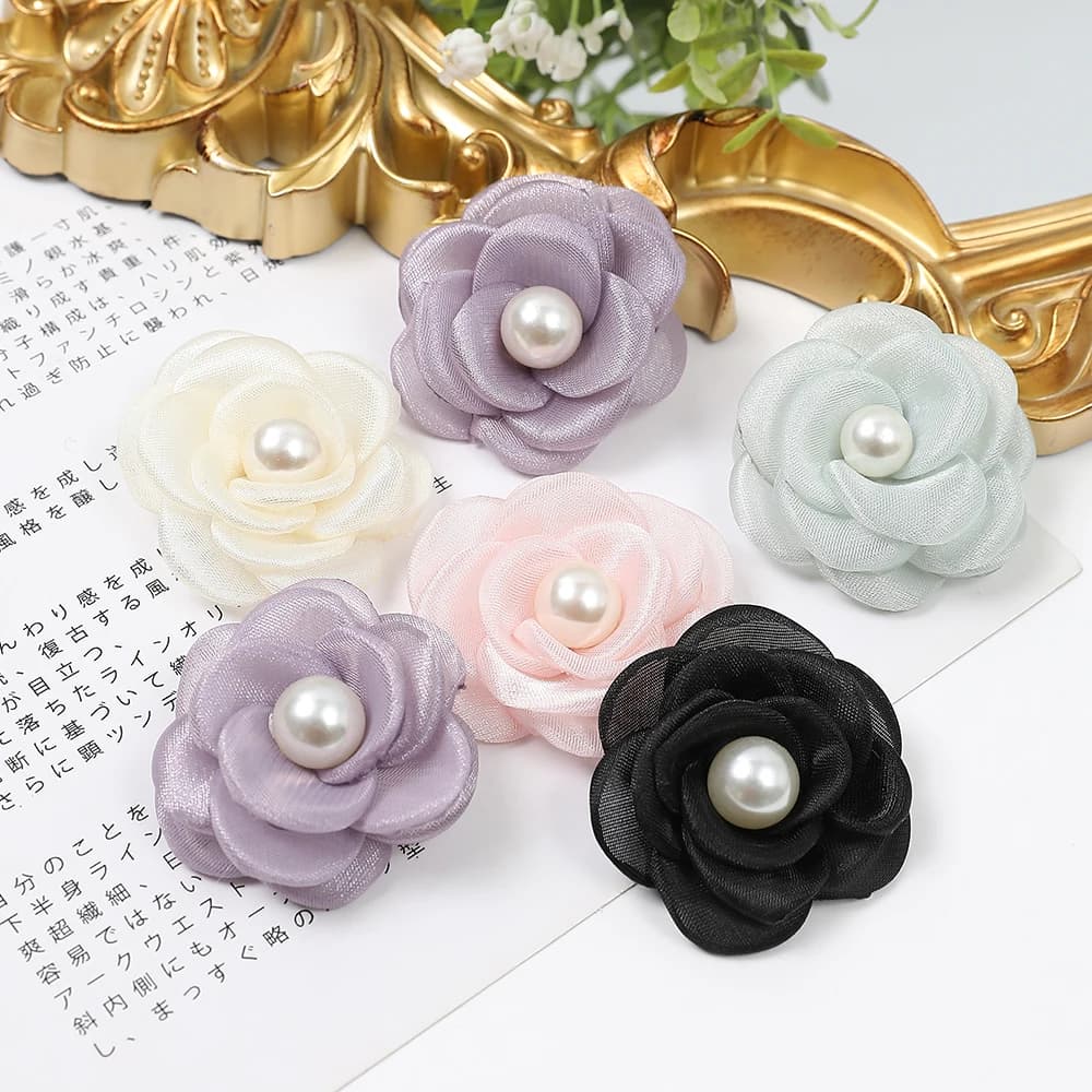 3/5PCS Artificial Flowers Head Silk Fake Flower With Bead Chiffon Fabric Hairpin Corsage Wedding Dress Clothing Making Accessory