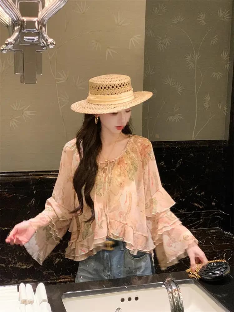 Floral Print Loose Fit Women's Chiffon Top Belted Thin Summer Casual Korean Style Long Sleeve V-Neck Micro Stretch