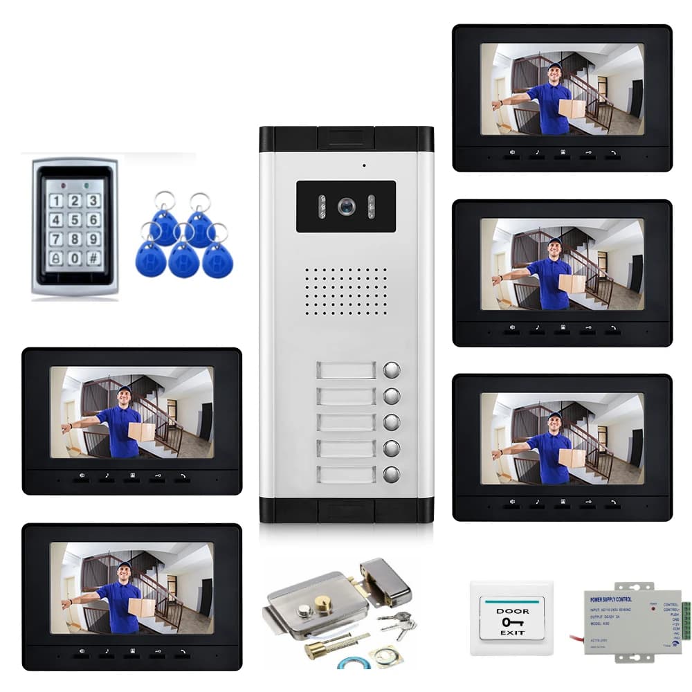 Videocitofono da 7 pollici campanello controllo accessi RFID e sistema di telecamere per citofono multi appartamenti unità 2/3/4/5