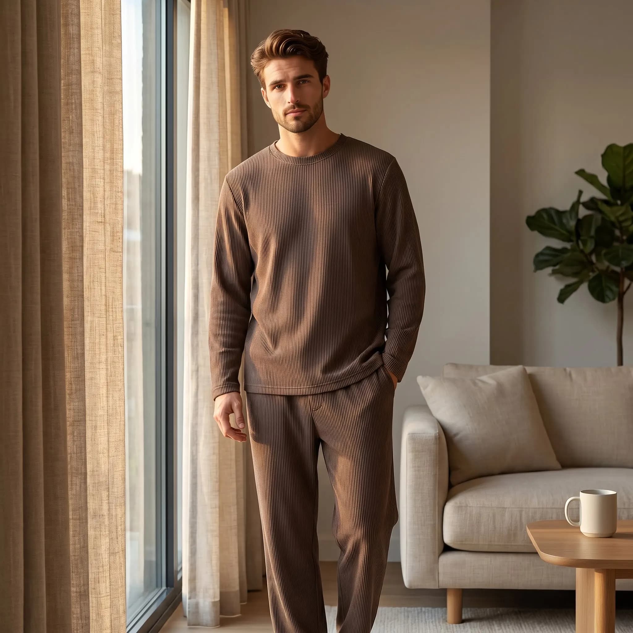 Set Pigiama da Uomo a Maniche Lunghe, Completo a Quadri con Pantaloni Morbidi e Tasche, Cintura con Coulisse