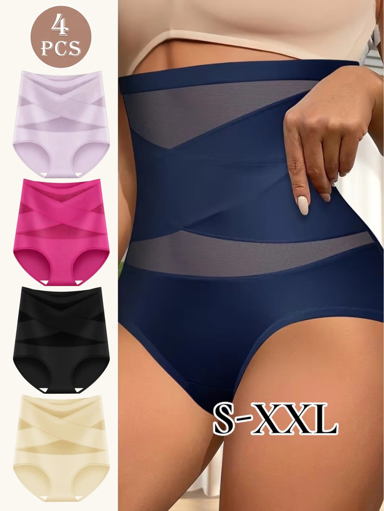 Women High Waist Tummy Control Underwear, Seamless Cross Mesh Shapewear Panties, Soft Nylon Breathable Briefs, 4‑Pack Multipack for Women, S‑XXL
