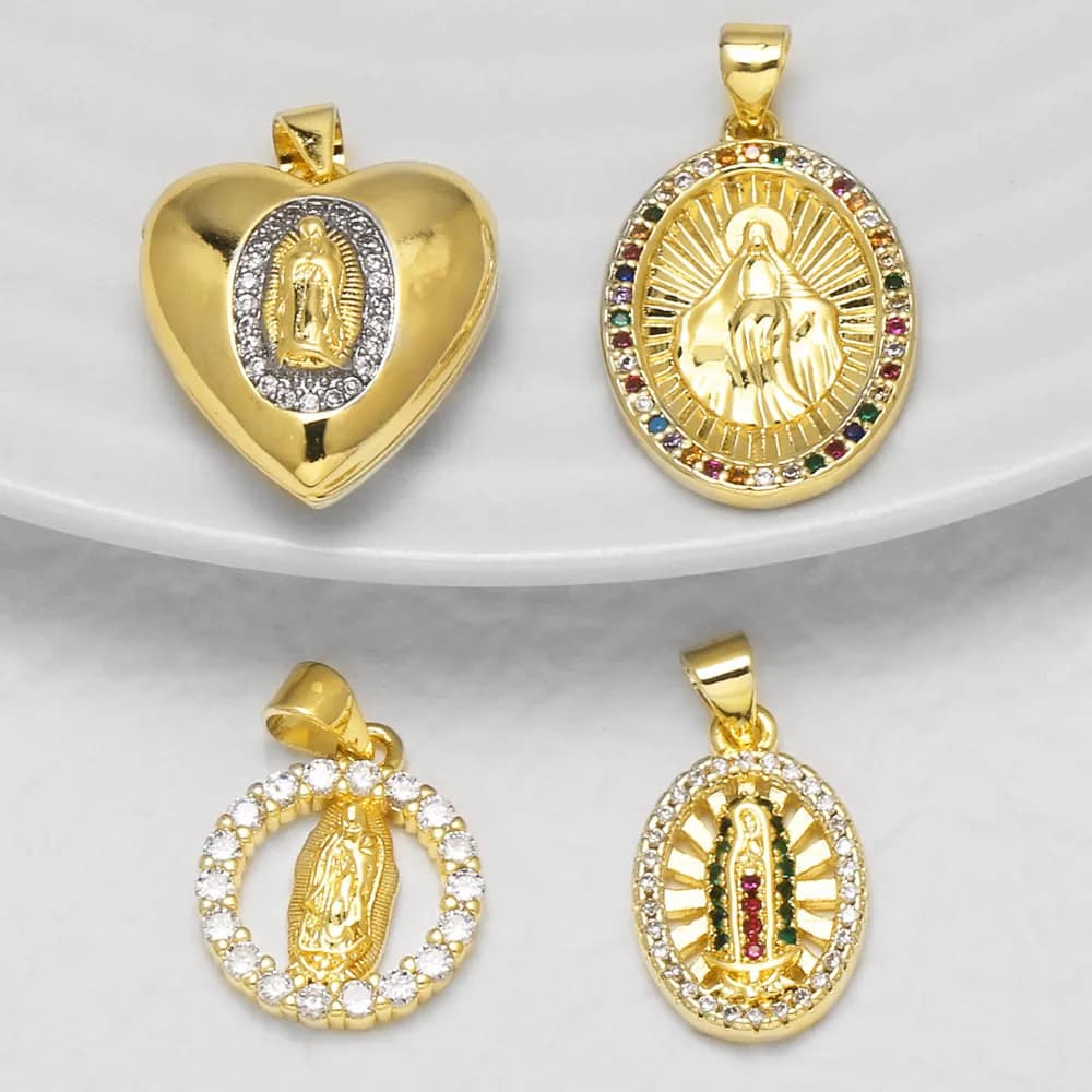 OCESRIO White Crystal Virgin Mary Pendant for Necklace Copper Gold Plated Heart Oval Handmade Jewelry Making Supplies pdta227