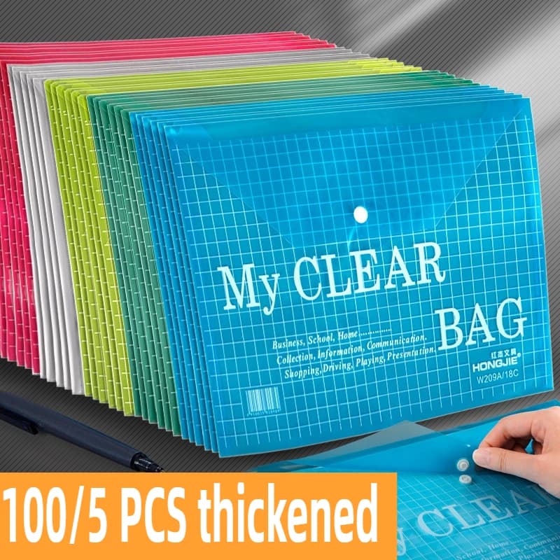 100/5 PCS A4 Sacchetto di file trasparente Documenti in plastica Archiviazione Sacchetto di archiviazione Cartelle di file Informazioni Cartelle tascabili Cancelleria