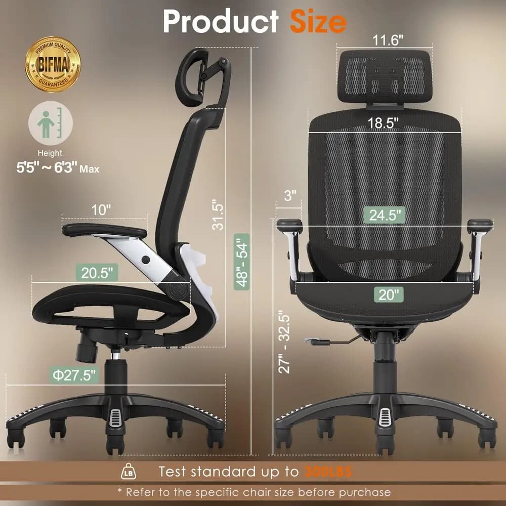 Sedia da Ufficio Ergonomica, Sedia da Scrivania per Casa con Schienale Alto e Poggiatesta, Braccioli Ribaltabili, Blocco Inclinazione 90-120° e Cuscino Largo, per Persone Grandi e Robuste